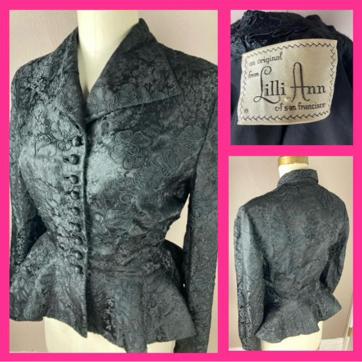 1950s Lilli Ann Tailored Silk Jacquard Blazer With Peplum And Soutache Design